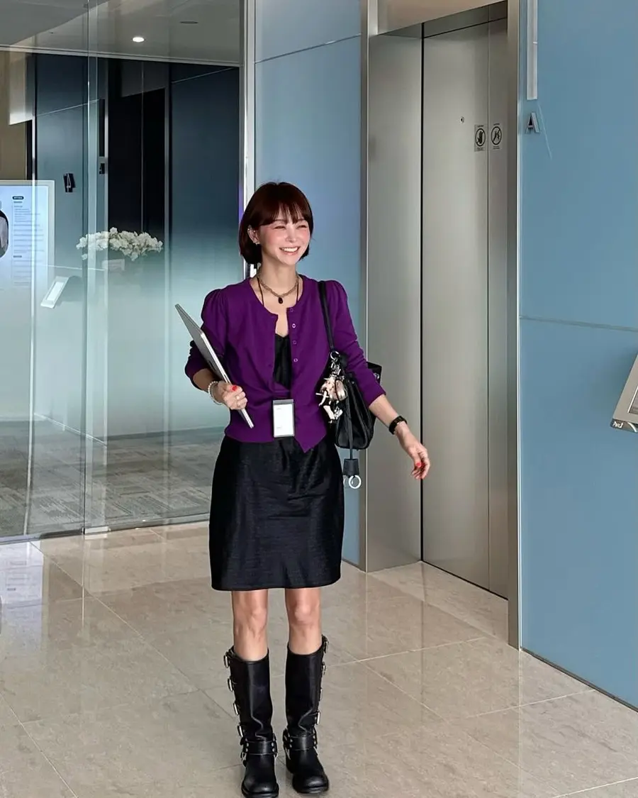 임지현, 퍼플 가디건으로 완성한 오피스 시크룩